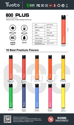 2% Nic 600 Puffs Vape Disposable Yuoto 2ml E Juice Capacity