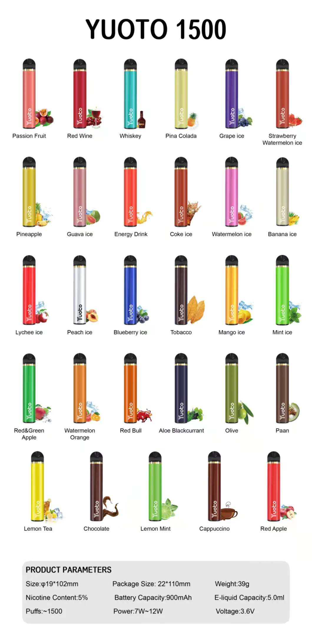 100% Original 1500 Puffs Yuoto Electronic Cigarettes 900mAh 5ml Disposable Pre-Filledfactory Wholesale E Cig Vaporizer 2% 5% Nicotine Free Vape Pen Pod